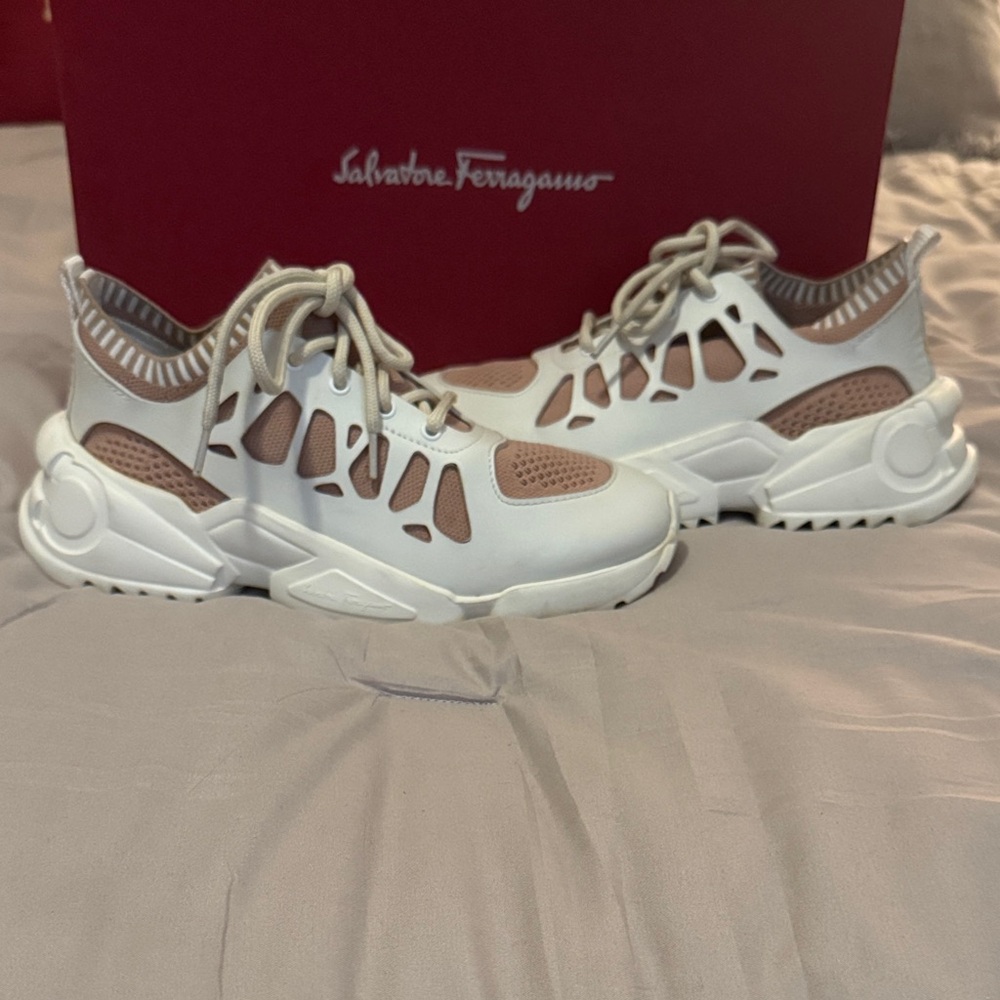 Salvatore Ferragamo Cream and Tan Athletic Shoes